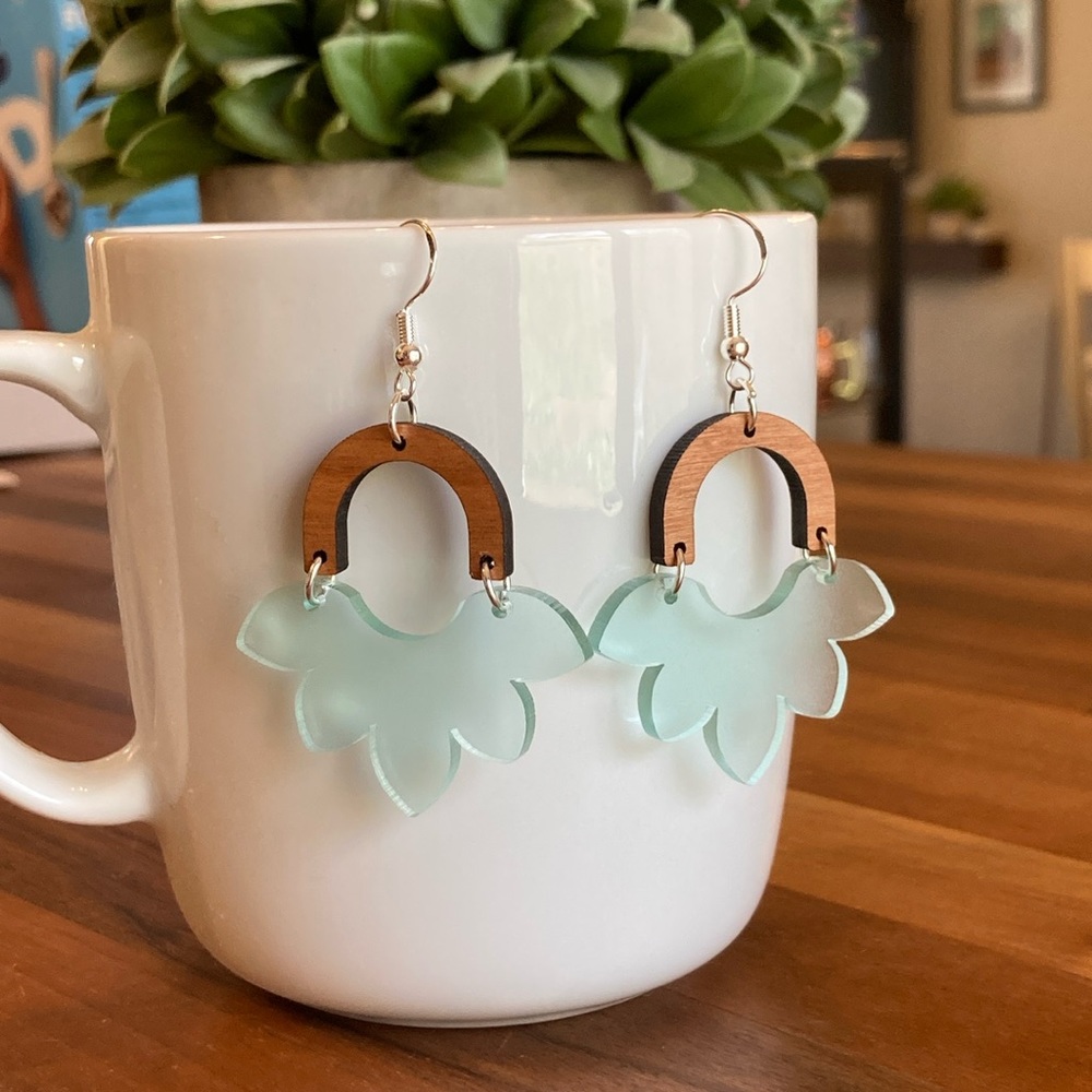 New Bohemian Earrings, Silver, Cherry Stained Wood w/ Light Aqua Acrylic